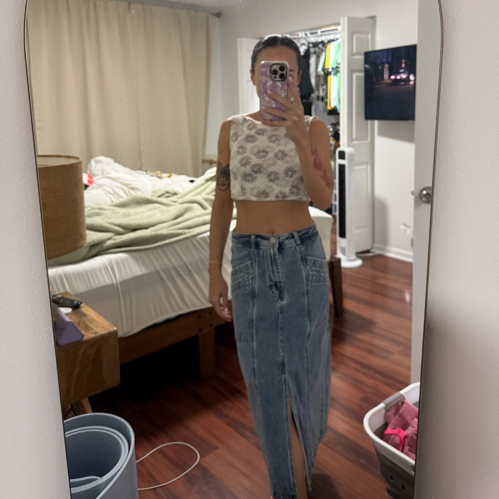 Long denim skirt with slit